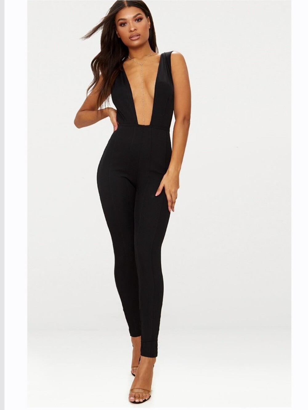 Pretty Little Thing Black Bandage Plunge Jumpsuit Size US 8 NWT